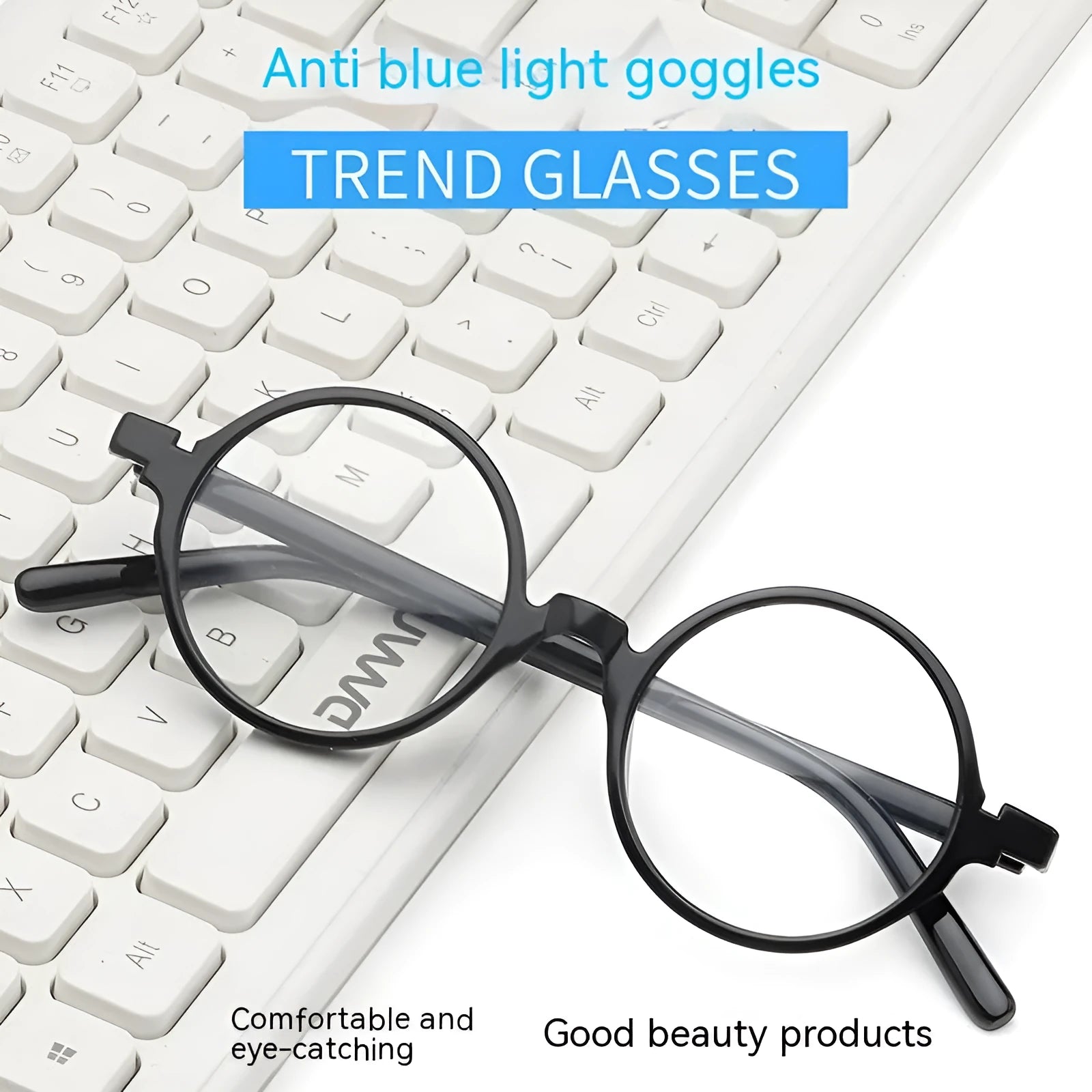 Artistic retro round flat mirror glasses without diopters in four colour options