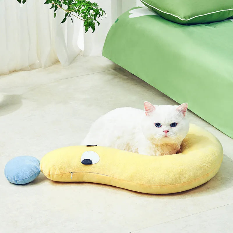 Blue and yellow rectangular pet cushion measuring 62cm by 39cm for cats and dogs
