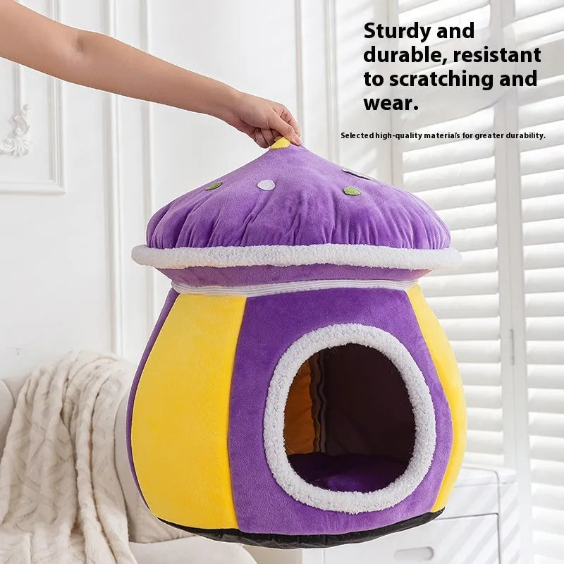 Mushroom-shaped cat nest in rabbit plush material with winter thermal design