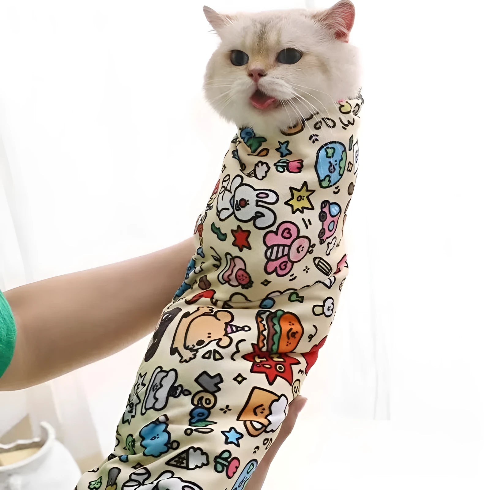 Colourful cartoon cat print nylon cosmetic bag shown in blue puppy design, available in three sizes.
