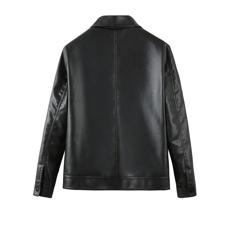 Black men's loose-fit PU leather jacket with zip and pockets on a mannequin