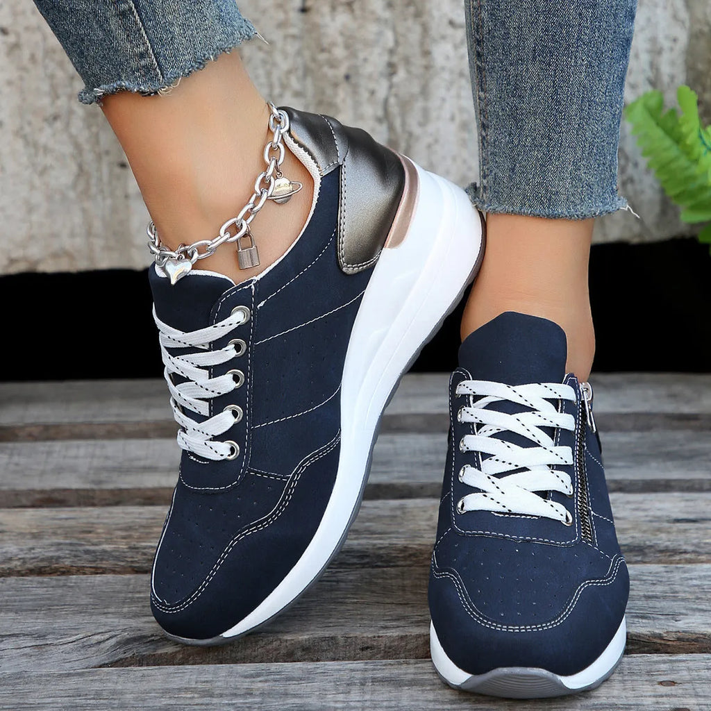 Women's fashion lace-up sneakers with round toe, thick sole, and flat heel in beige colour