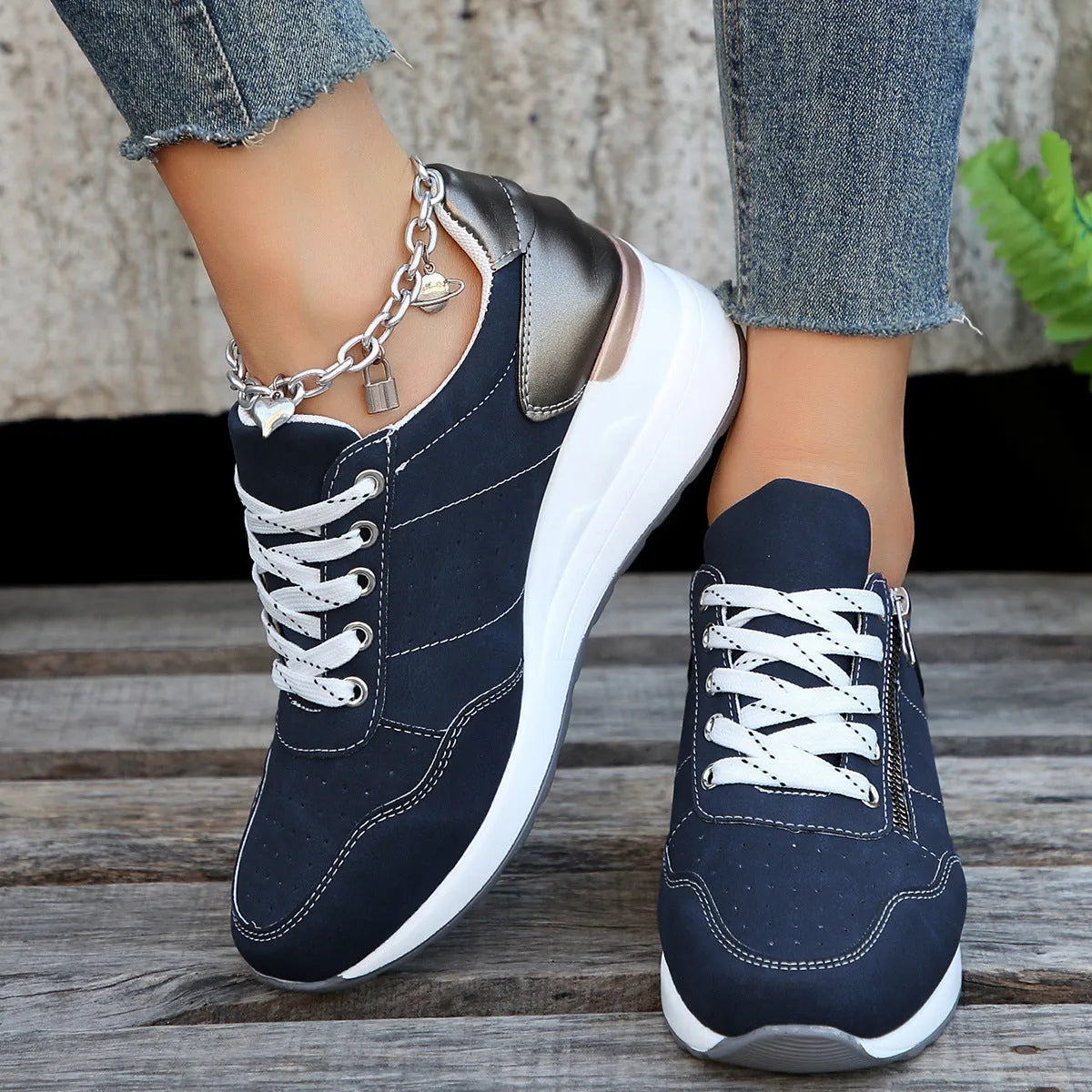 Women's fashion lace-up sneakers with round toe, thick sole, and flat heel in beige colour