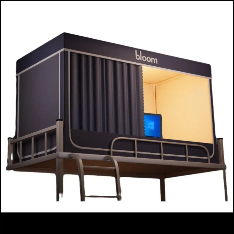 Grey polyester bed curtains with integrated mosquito net for a single bed.