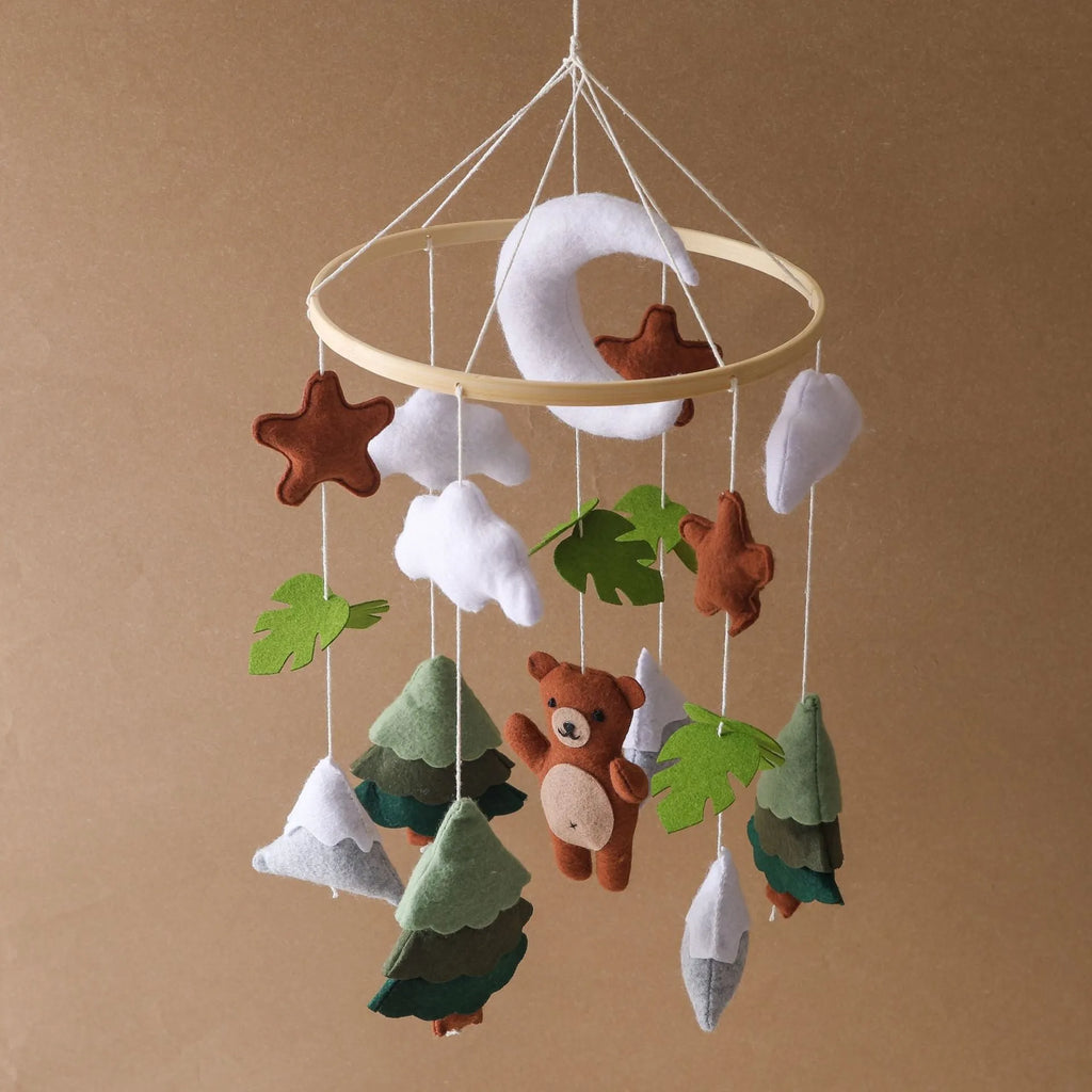 Handmade felt teddy bear bed bell for children, white colour, wood and felt construction, hanging with string