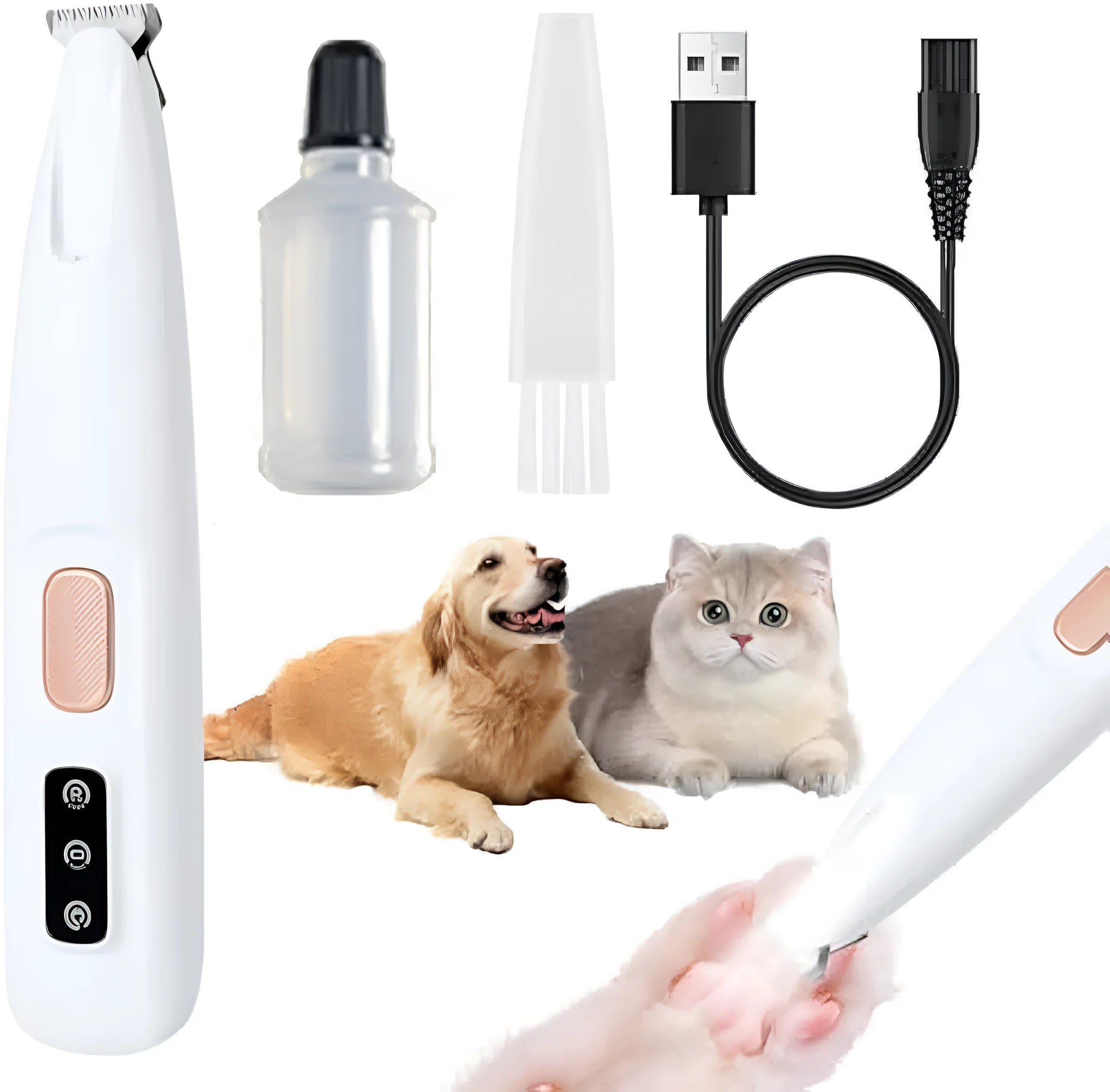 White electric dog paw trimmer with LED light showing compact 17.7cm design