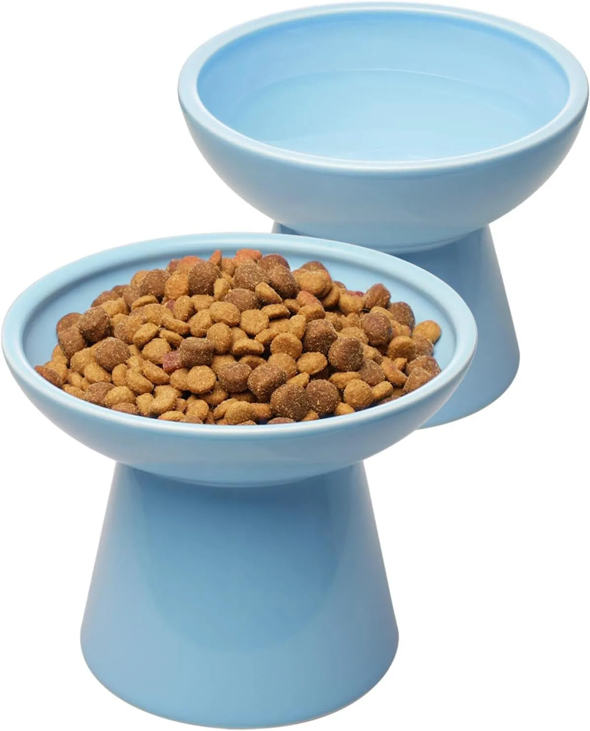 Blue ceramic elevated cat food bowl with wide shallow dish for whisker fatigue prevention.
