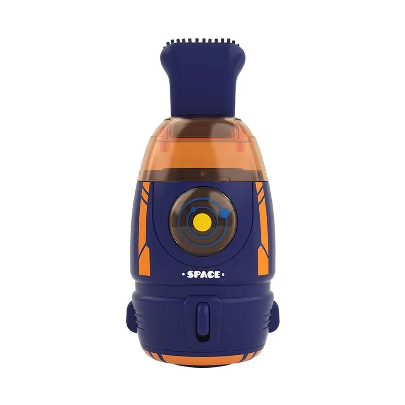 USB rechargeable handheld desktop vacuum cleaner in blue rocket design on a wooden desk