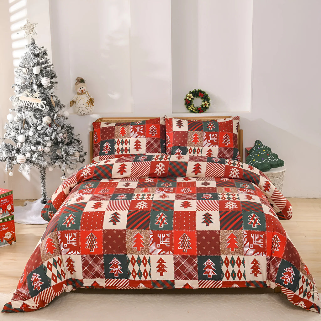Christmas red plaid bedding three-piece set with duvet cover and pillowcases on bed