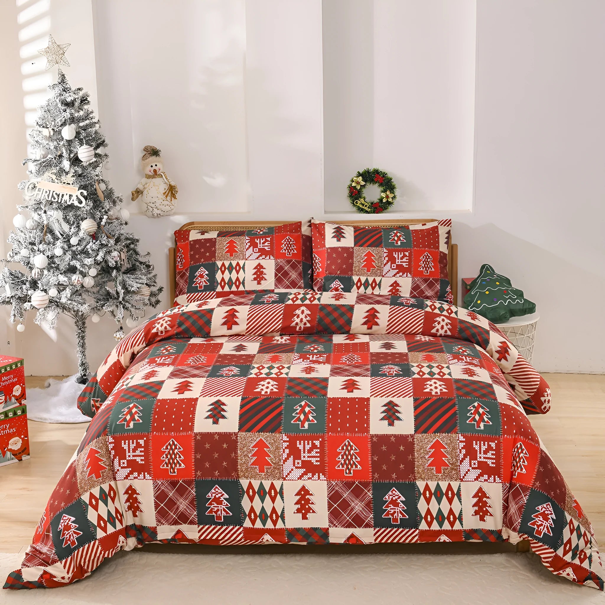 Christmas red plaid bedding three-piece set with duvet cover and pillowcases on bed