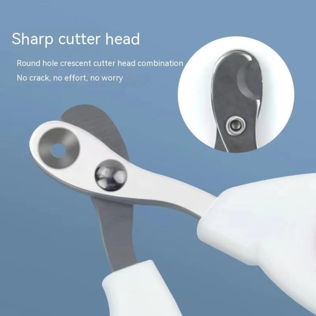 Blue pet nail clippers with a circular cutting hole and cushioned non-slip handle.