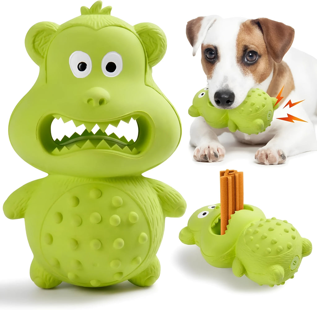 Green and yellow natural rubber squeaky dog toy for aggressive chewers