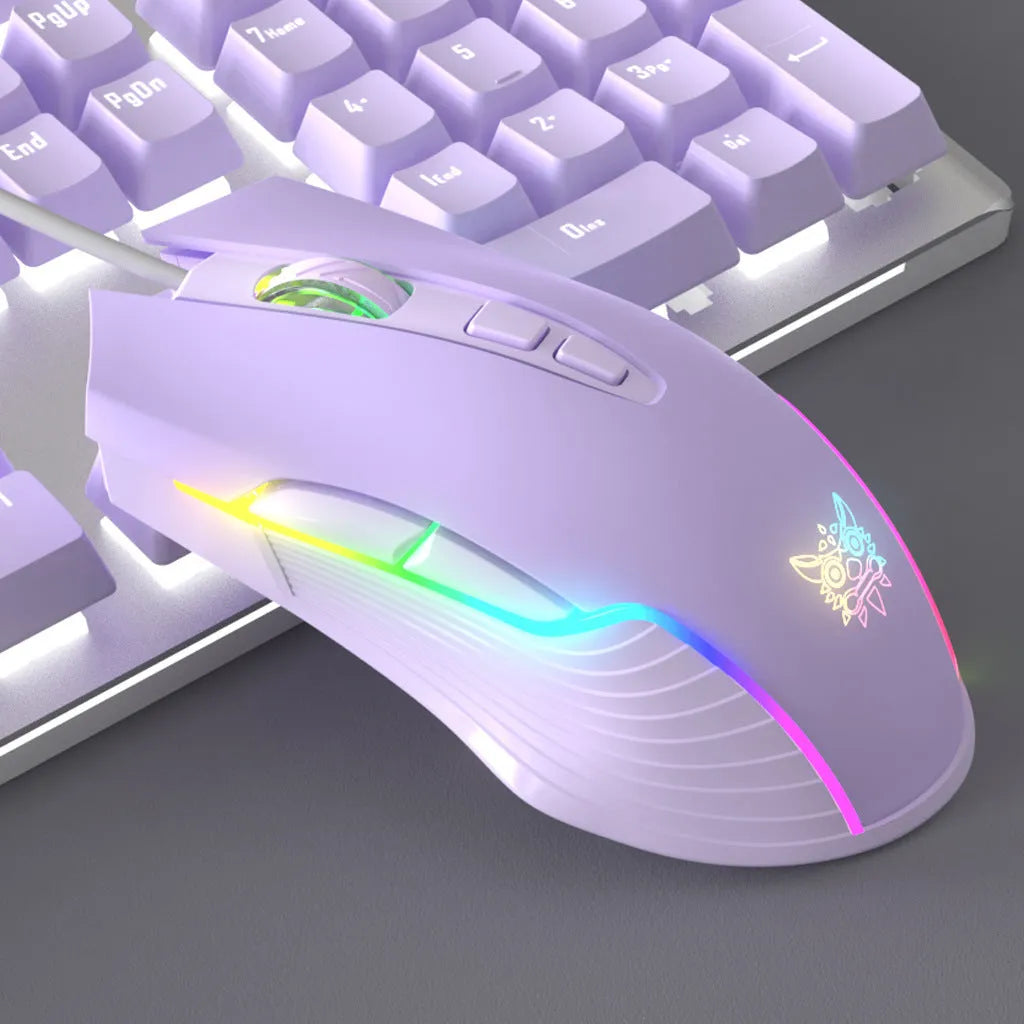 Purple mechanical keyboard and mouse wired set with white accents and mixed backlighting