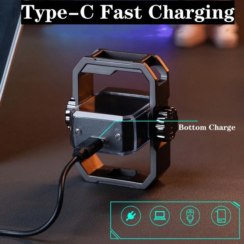 Blue windproof double arc electric lighter with a mechanical gyroscope and USB Type-C charging port.