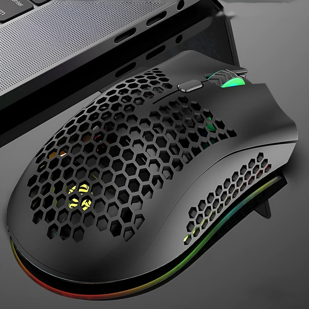 BM600 wireless gaming mouse with luminous charging and hollow-out design in black, cyan or white colours
