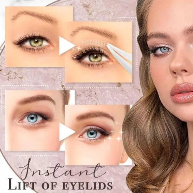 Box of no-glue eyelid stickers in three sizes L, M, and S made from non-woven fabric.