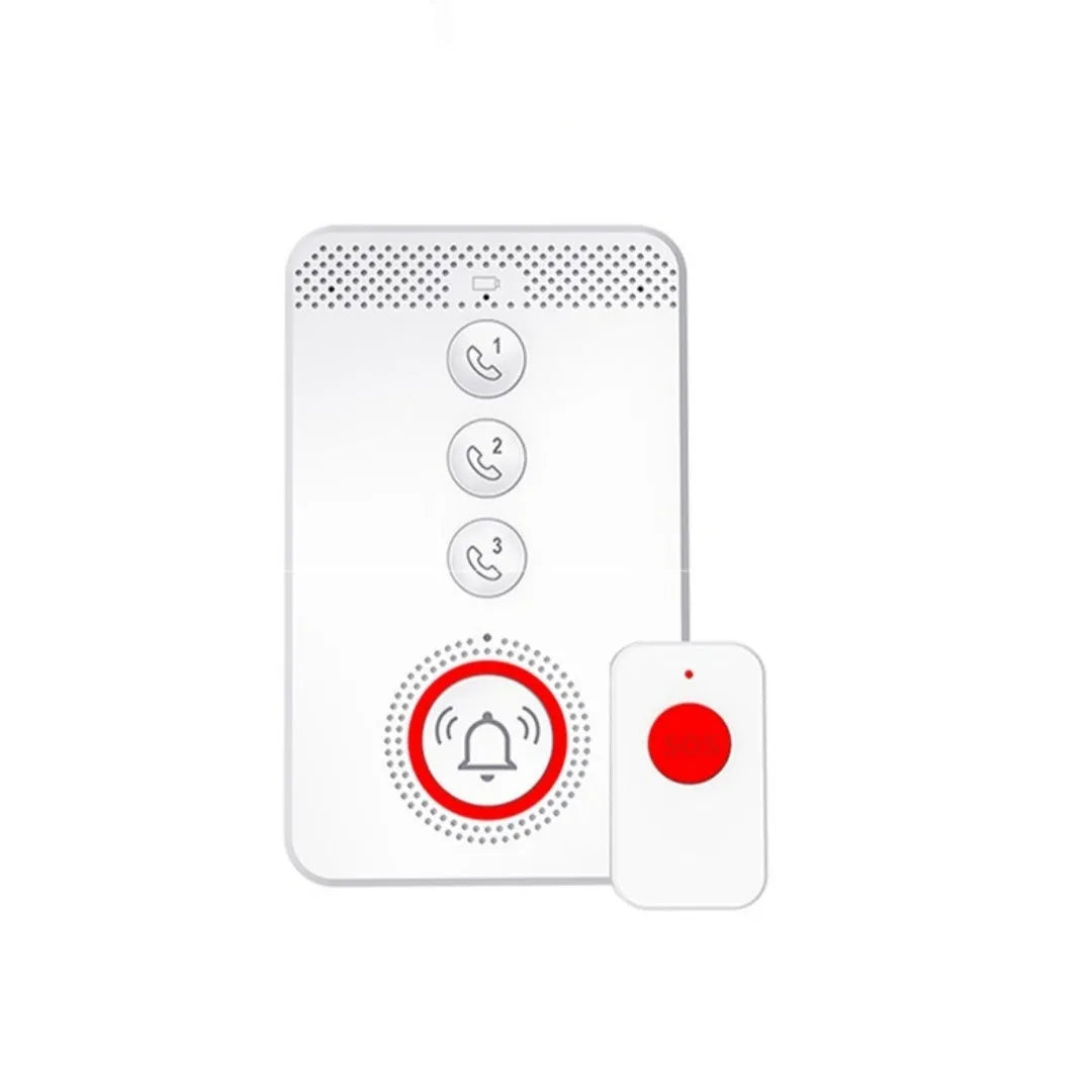 White emergency alert device with one buzzer unit and three remote call buttons for elderly safety