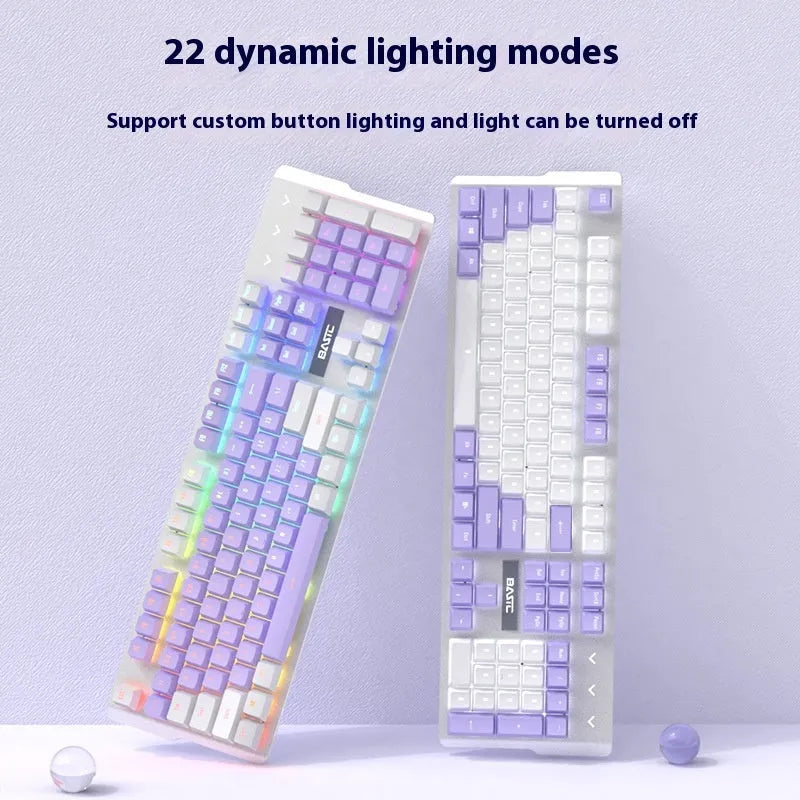 Purple mechanical keyboard and mouse wired set with white accents and mixed backlighting