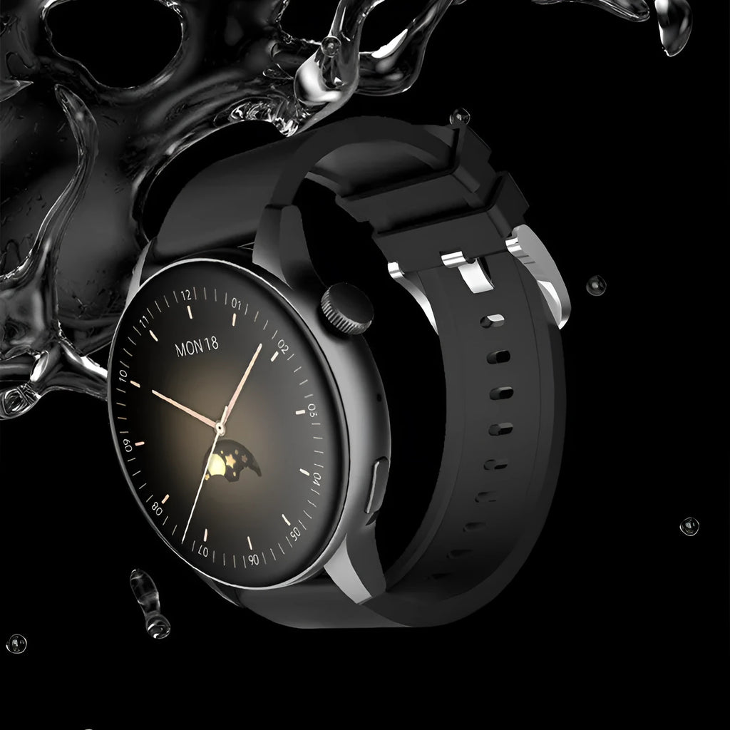 Stainless steel smart watch with 1.30-inch HD colour screen on wrist.