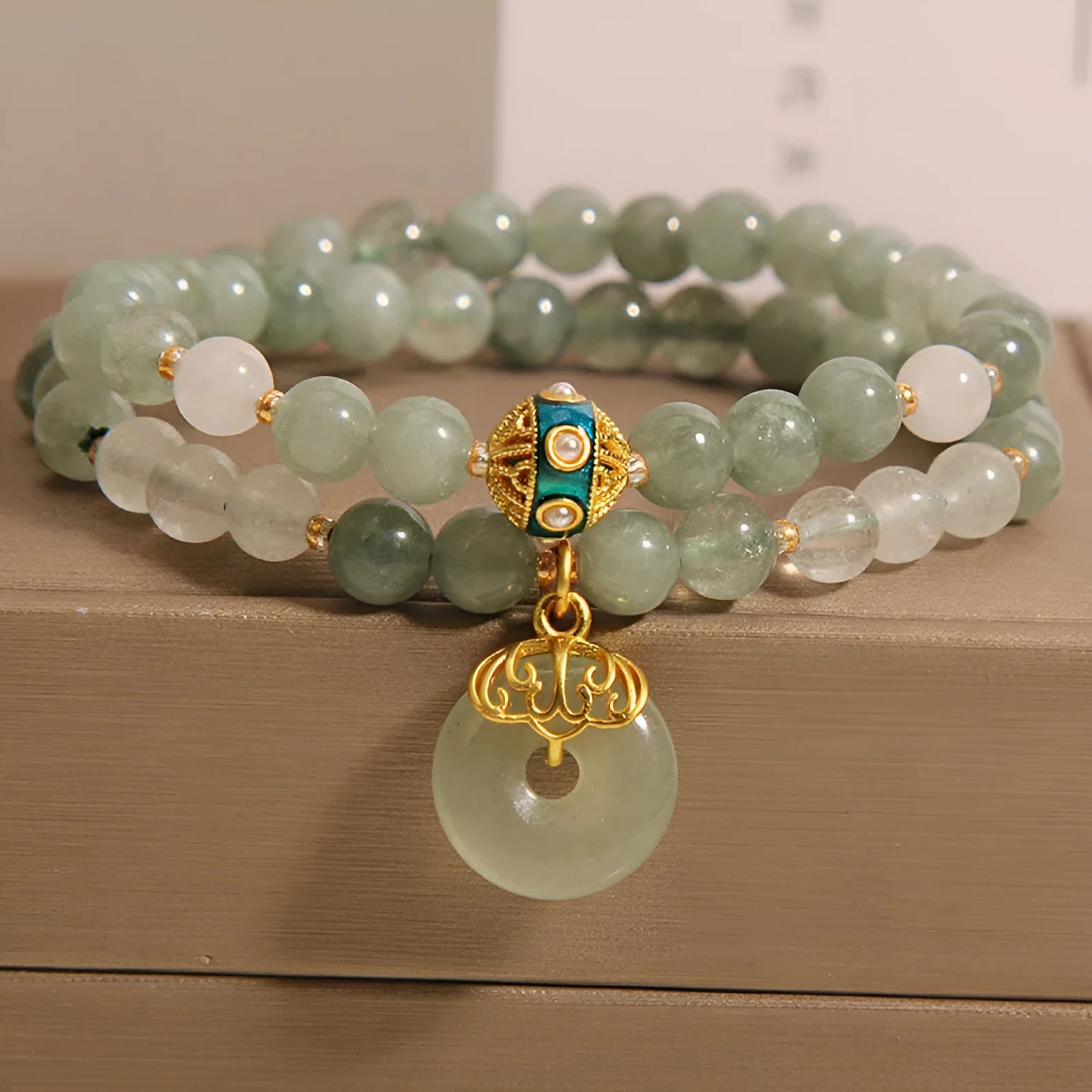 Double-layer aventurine jade bracelet with peace buckle clasp and crystal rhinestones