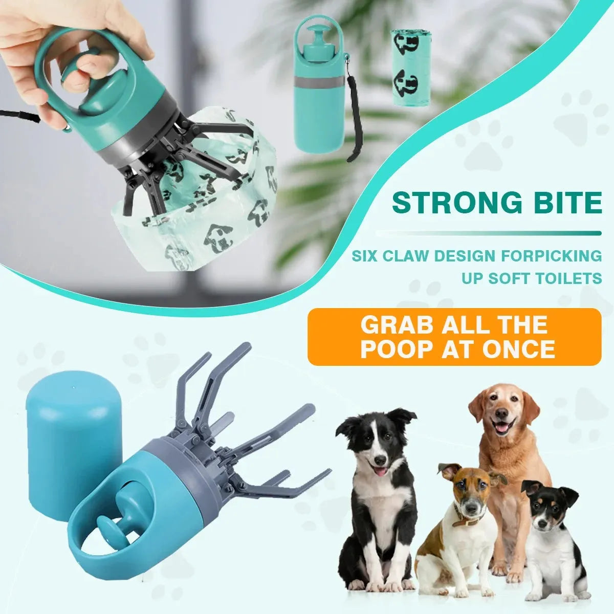 Blue ABS plastic pet pooper scooper with claw design and built-in bag dispenser