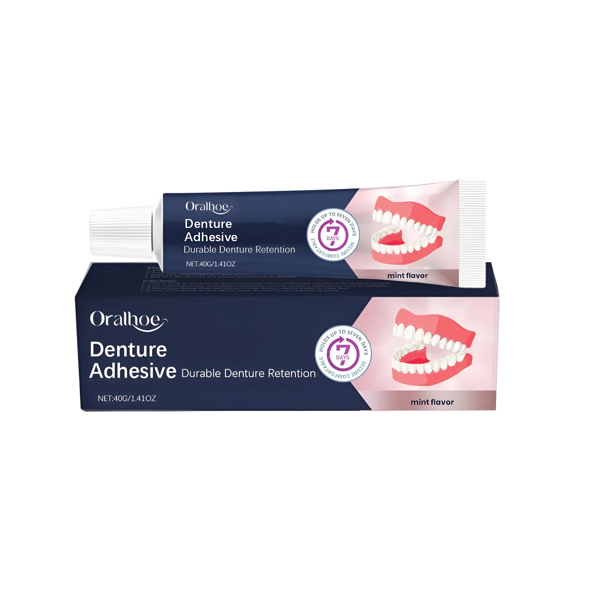 40g tube of denture fixing adhesive cream with ingredient list including petrolatum and cellulose