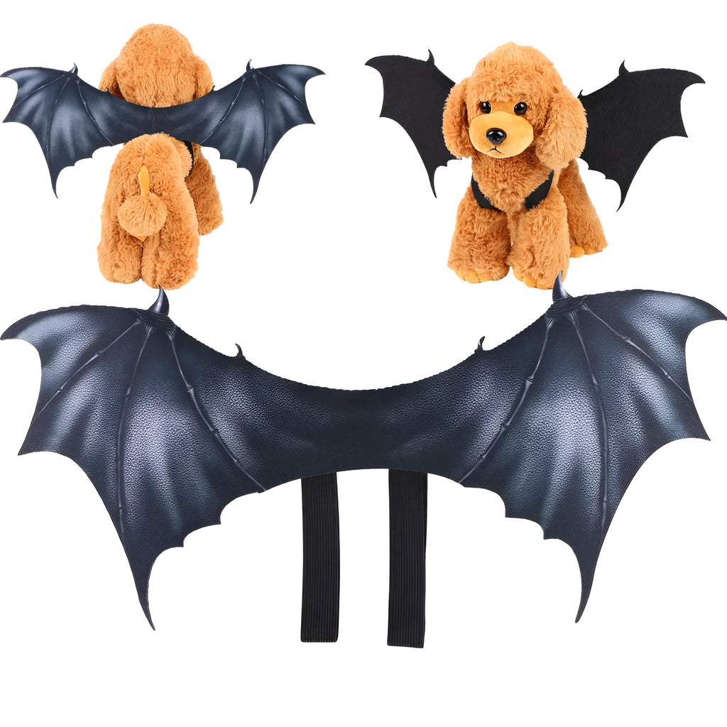 Black cloth bat wings pet costume for Halloween, showing three size options for cats and dogs