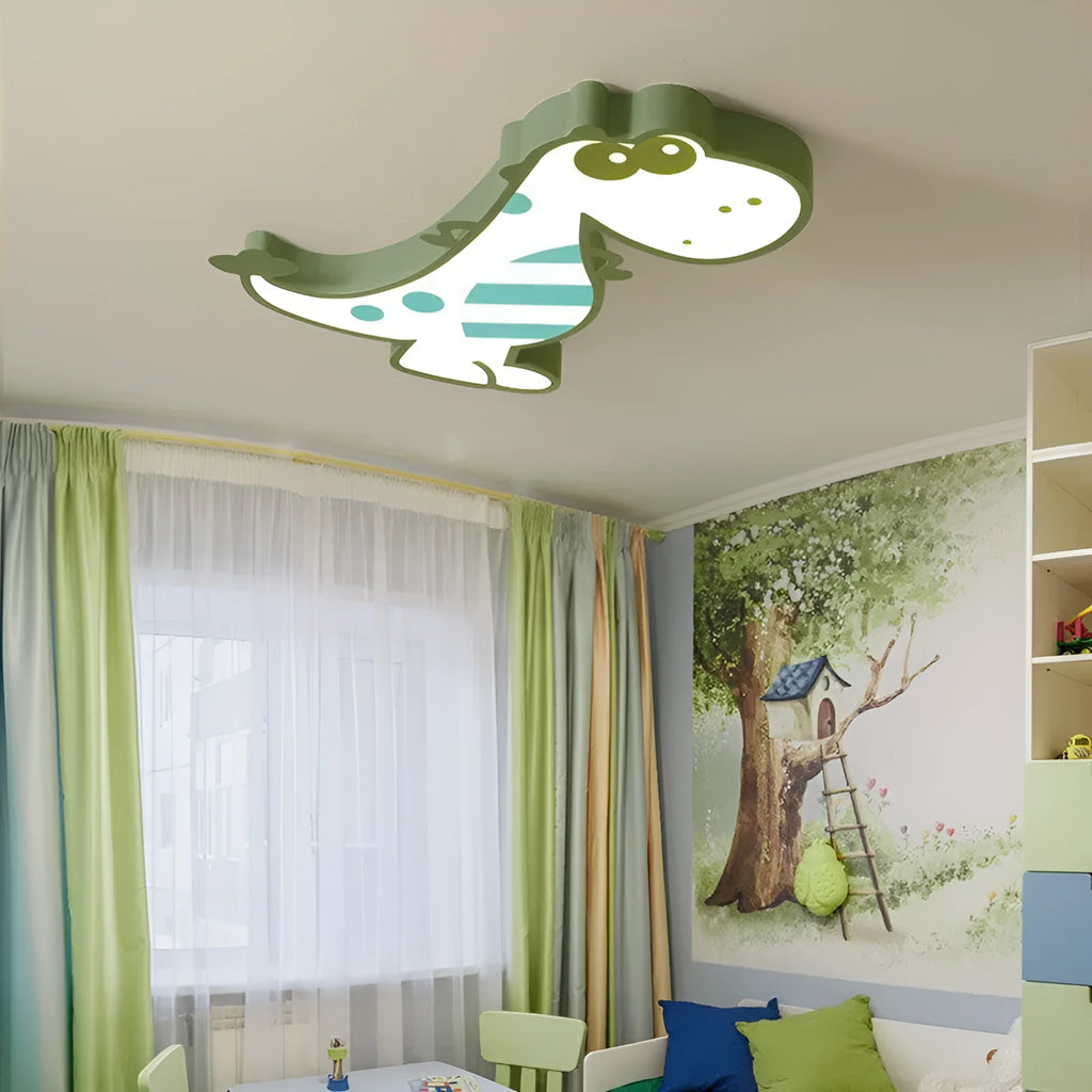 48cm wide ceiling light with a cartoon dinosaur print on a white PVC shade and a silver aluminium body.