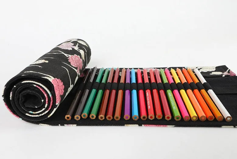 Canvas rolling pencil case with ballet girl print, multiple hole options for colour pencils