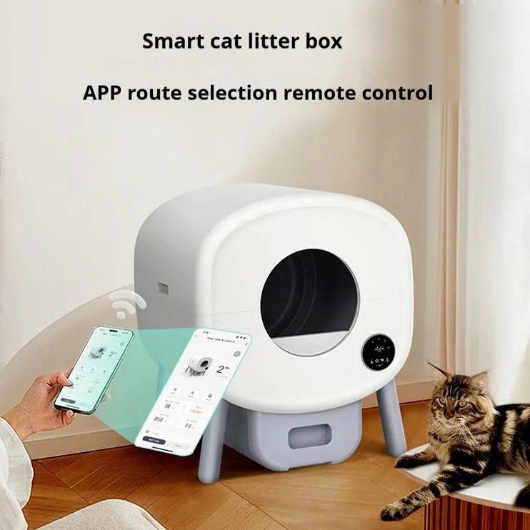 Automatic self-cleaning cat litter box with 13L waste storage capacity measuring 55cm wide