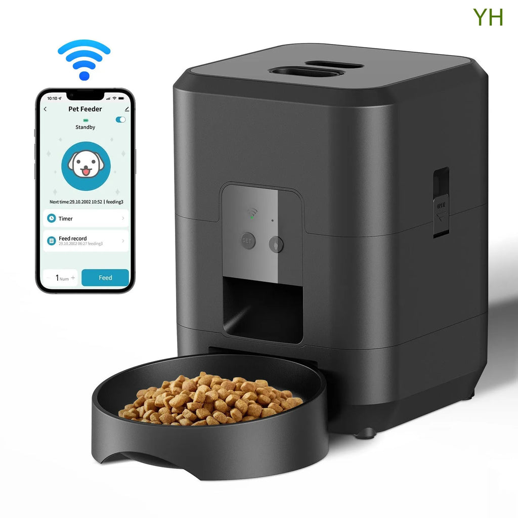 White automatic pet feeder with digital display and food container for cats