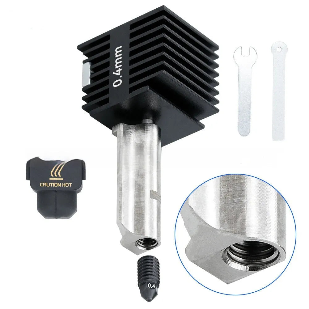 Bambu Lab A1 Mini hot end assembly with hardened steel nozzle and black silicone protective sleeve