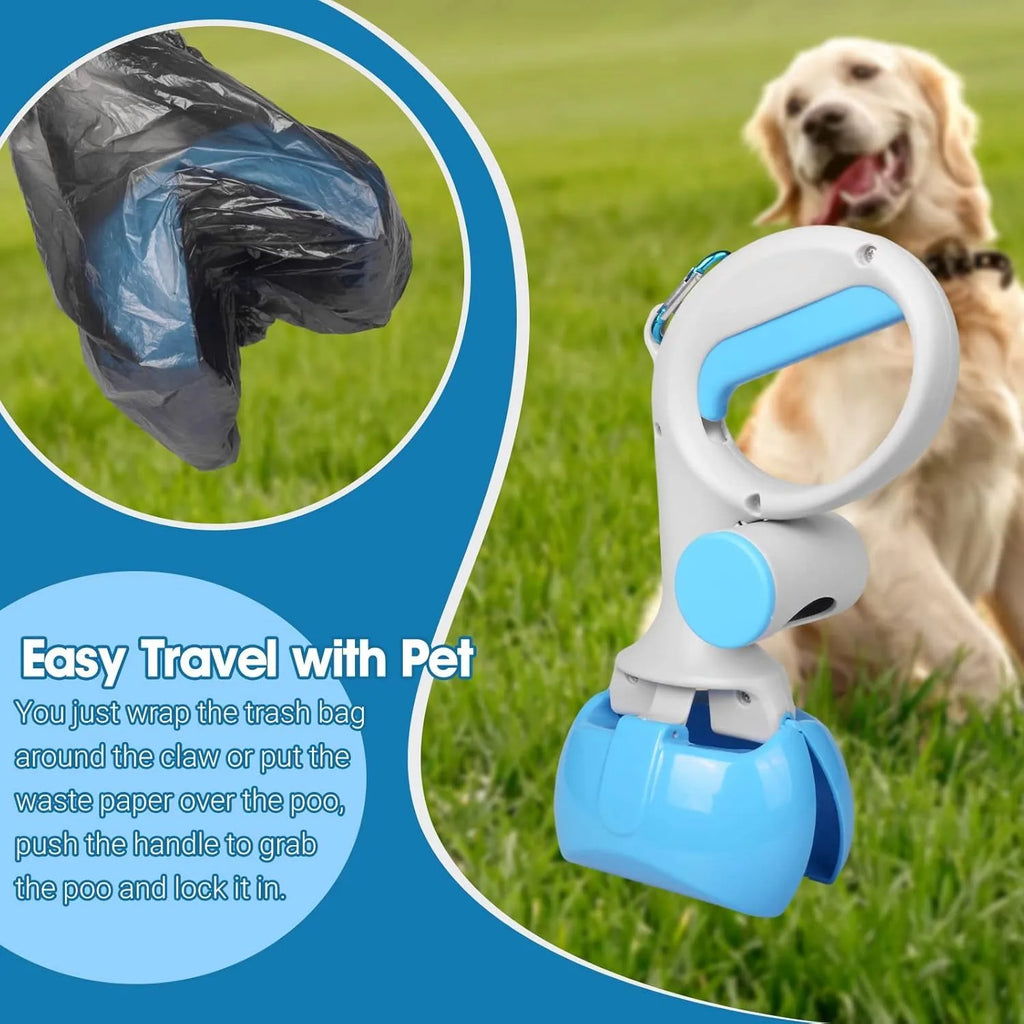 Blue pet pooper scooper with built-in trash bag holder and a hanging hook on a green lawn