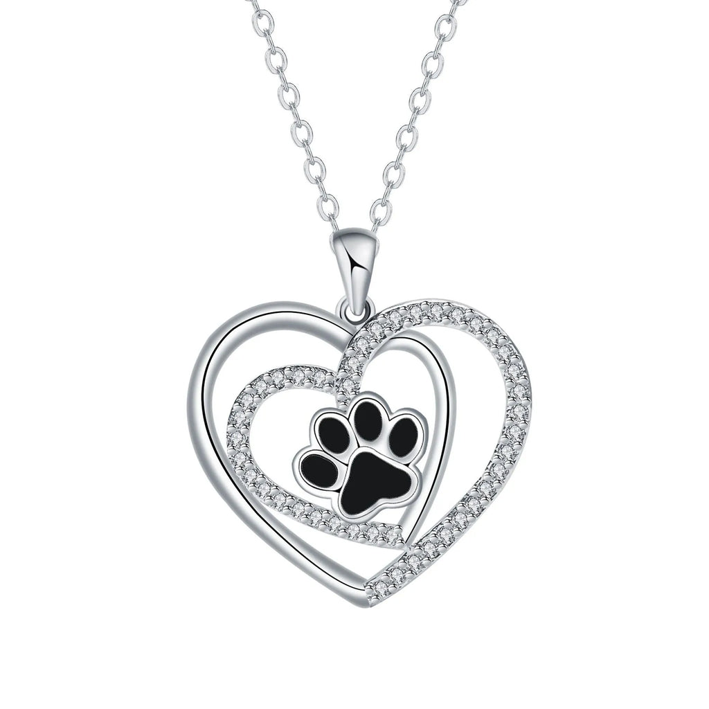 Women's copper dog paw heart pendant necklace on cross chain, electroplated finish.