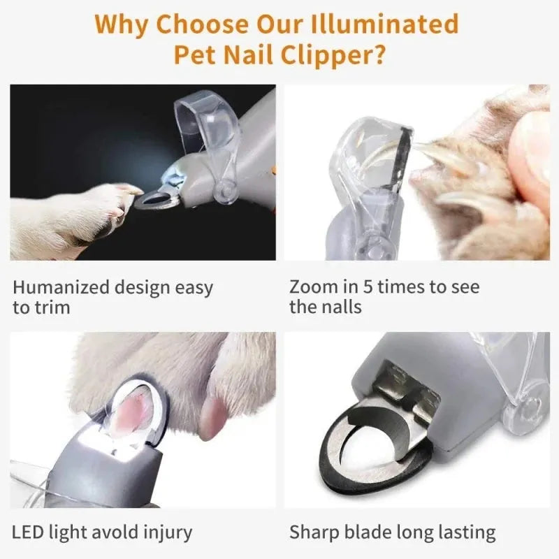 Yellow pet nail clipper with built-in LED light and magnifying glass for grooming dogs and cats.