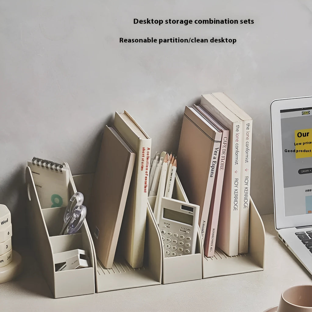 Plastic desktop storage organiser with two tiers in milk coffee colour on a desk