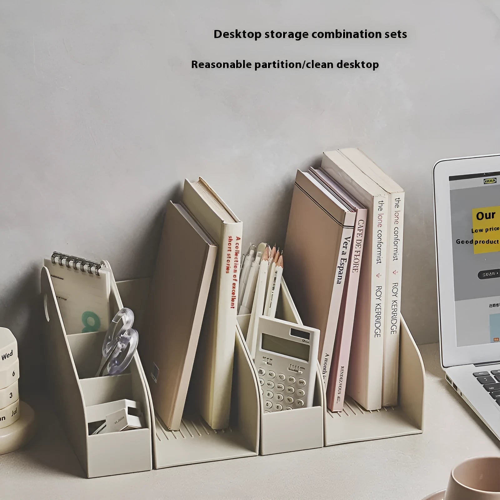 Plastic desktop storage organiser with two tiers in milk coffee colour on a desk