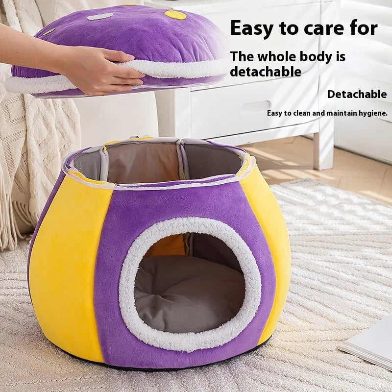 Mushroom-shaped cat nest in rabbit plush material with winter thermal design