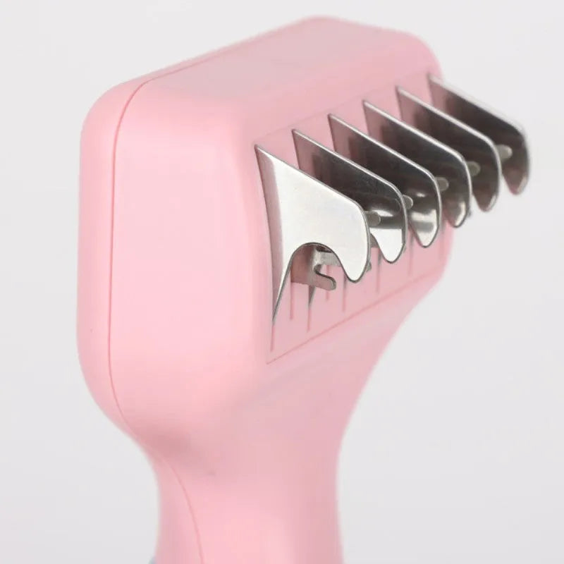 Pink and purple pet grooming comb with stainless steel knot knife and brush heads.