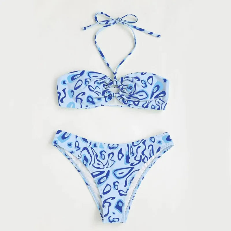 Women's blue floral bandeau bikini with split swimsuit design showing front and back views