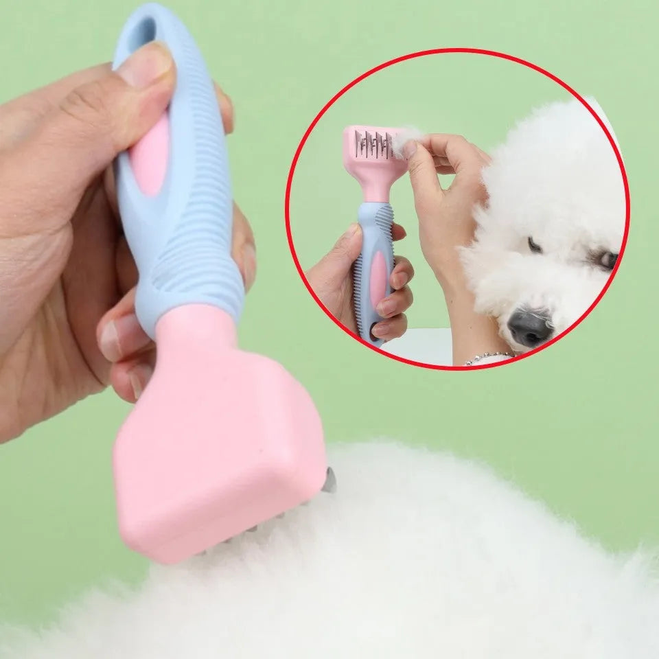 Pink and purple pet grooming comb with stainless steel knot knife and brush heads.