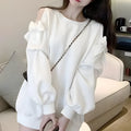 Women's casual solid colour cotton blend long sleeve loose fit top in white, front view