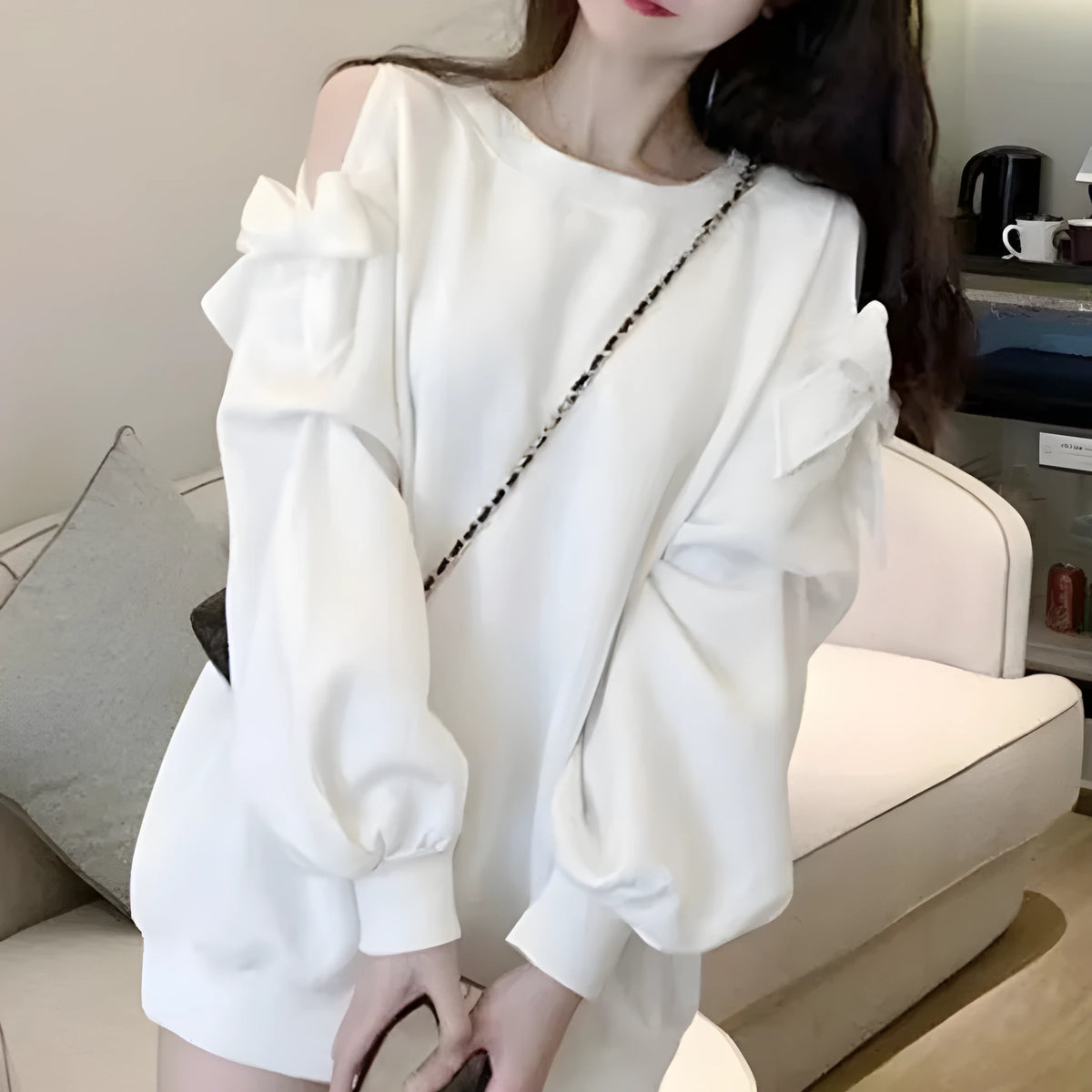 Women's casual solid colour cotton blend long sleeve loose fit top in white, front view