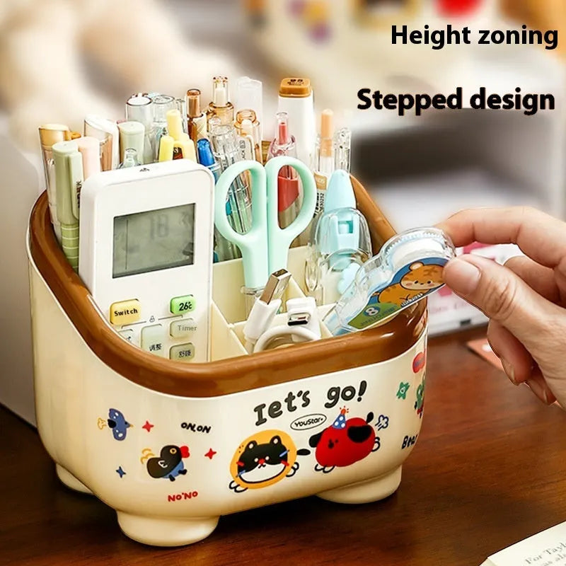 Red and brown cartoon-style desktop organiser with grid compartments for stationery and cosmetics.