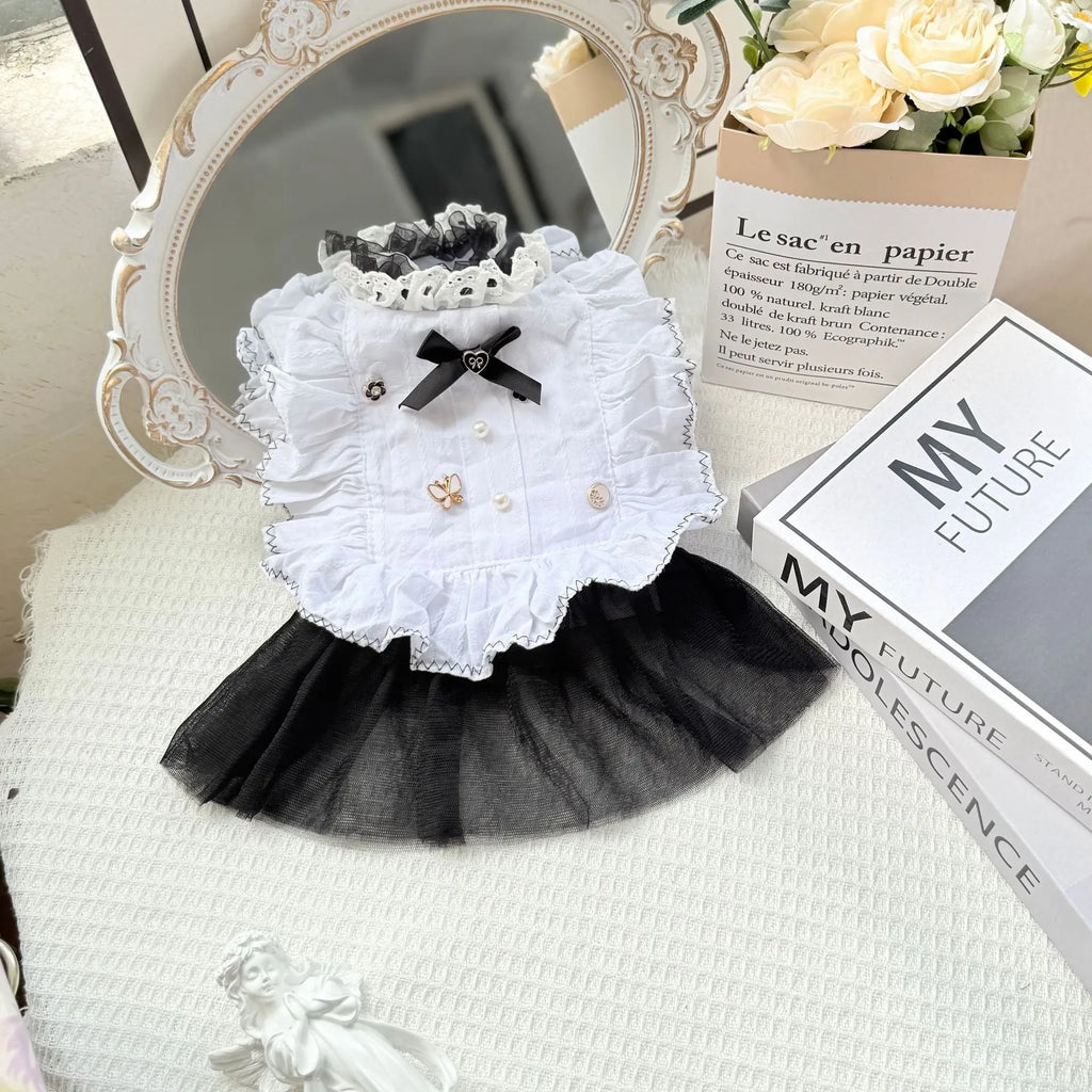 White yarn waltz gauze princess style dog skirt with polyester construction on small dog