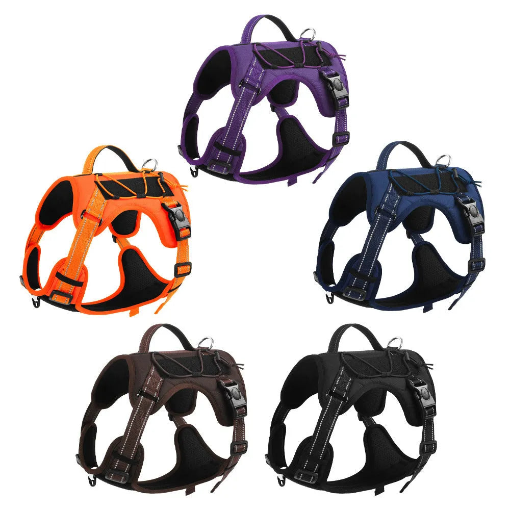 Reflective dog vest harness with integrated hand holding rope in multiple colour options