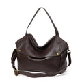 Brown genuine leather women's commuter shoulder bag showing horizontal square design