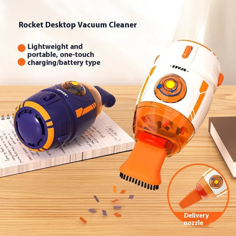 USB rechargeable handheld desktop vacuum cleaner in blue rocket design on a wooden desk