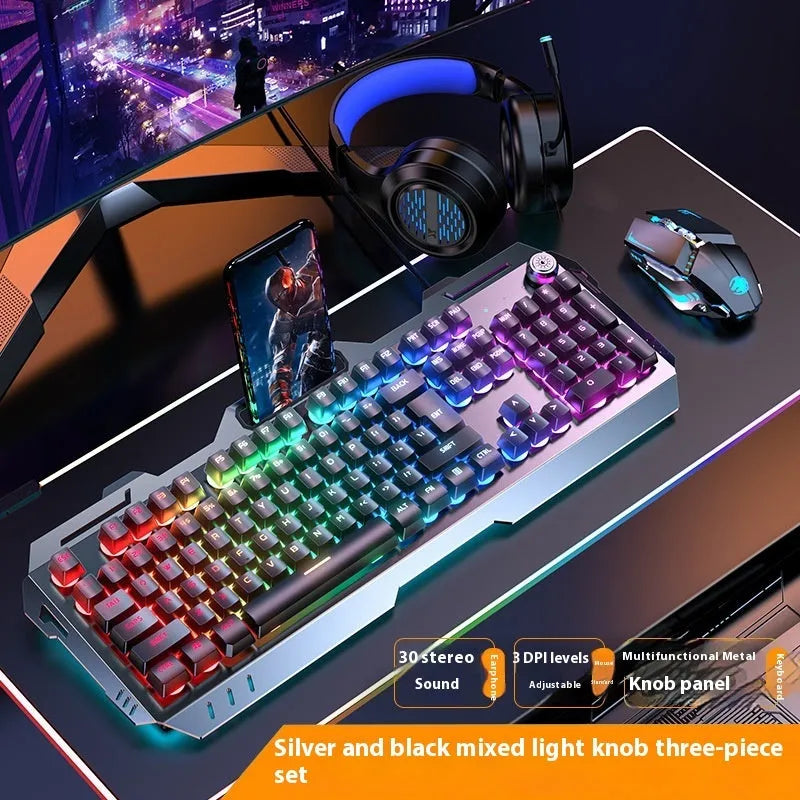 Aluminium mechanical-feel gaming keyboard with media control knob in metal grey finish
