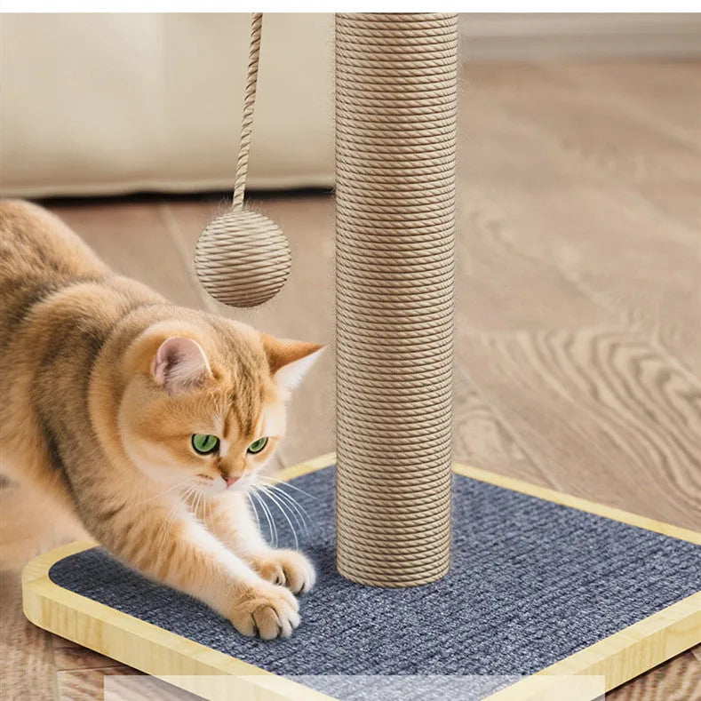 Simple cat climbing frame with windmill design and hanging ball toy on carpet leather surface
